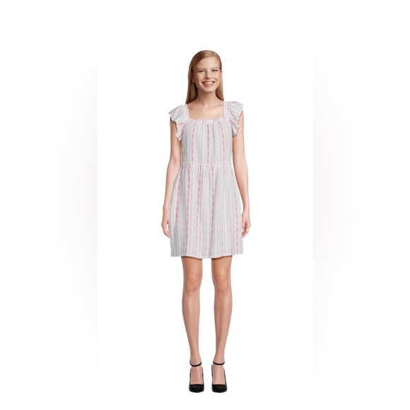 Time and Tru Pink Stripe Square Neck Linen Mini Dress Size Large (12-14) - Picture 1 of 9